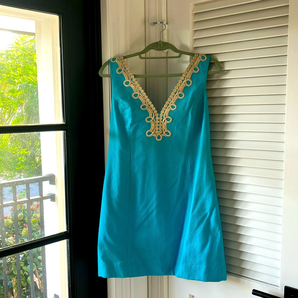 Turquoise Sleeveless V-Neck Dress with Gold Trim